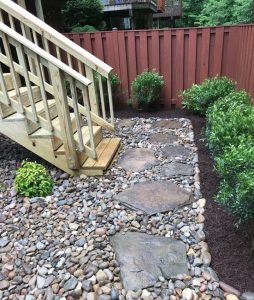 A backyard landscape design features a wooden staircase leading to a stone pathway.