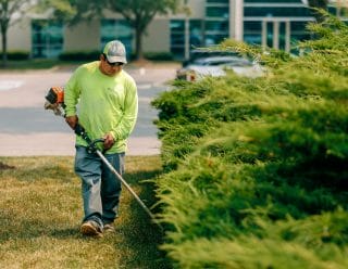 A landscaper edges a lawn with a string trimmer