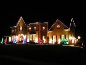 Christmas Lighting and decorations on the front of a house