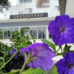 Grandstand entrance at the Preakness Stakes with flowers in the forefront